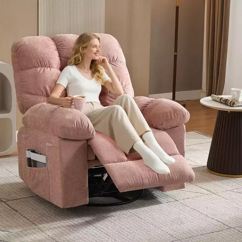 Sillón Reclinable de Masaje con Calor - Mecedora Giratoria 360°, Sofá Individual Grande con Vibración, USB y Bolsillos de Almacenamiento para Sala de Estar/Dormitorio