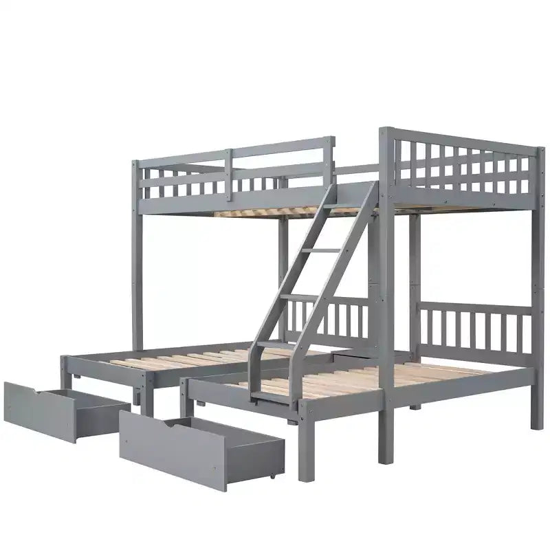 Litera triple de madera con cajones y barandillas, matrimonial sobre dos camas individuales y dos individuales para 3 niños, para dormitorio o residencia