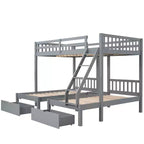 Litera triple de madera con cajones y barandillas, matrimonial sobre dos camas individuales y dos individuales para 3 niños, para dormitorio o residencia