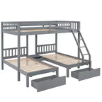 Litera triple de madera con cajones y barandillas, matrimonial sobre dos camas individuales y dos individuales para 3 niños, para dormitorio o residencia