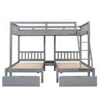 Litera triple de madera con cajones y barandillas, matrimonial sobre dos camas individuales y dos individuales para 3 niños, para dormitorio o residencia