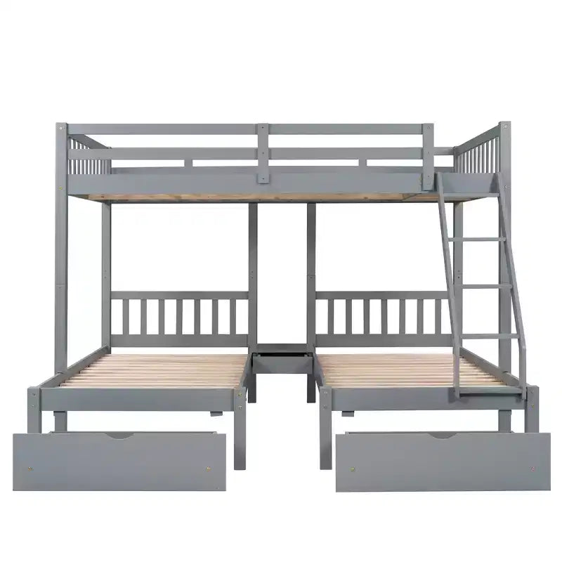 Litera triple de madera con cajones y barandillas, matrimonial sobre dos camas individuales y dos individuales para 3 niños, para dormitorio o residencia