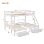 Litera triple de madera con cajones y barandillas, matrimonial sobre dos camas individuales y dos individuales para 3 niños, para dormitorio o residencia