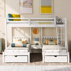 Litera triple de madera con cajones y barandillas, matrimonial sobre dos camas individuales y dos individuales para 3 niños, para dormitorio o residencia