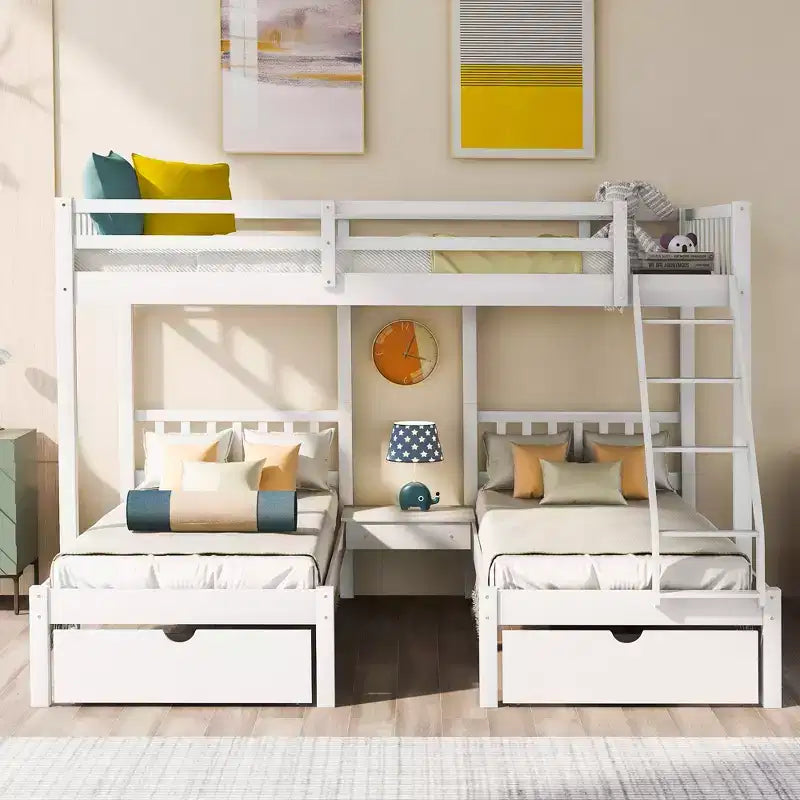 Litera triple de madera con cajones y barandillas, matrimonial sobre dos camas individuales y dos individuales para 3 niños, para dormitorio o residencia