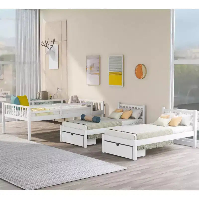 Litera triple de madera con cajones y barandillas, matrimonial sobre dos camas individuales y dos individuales para 3 niños, para dormitorio o residencia