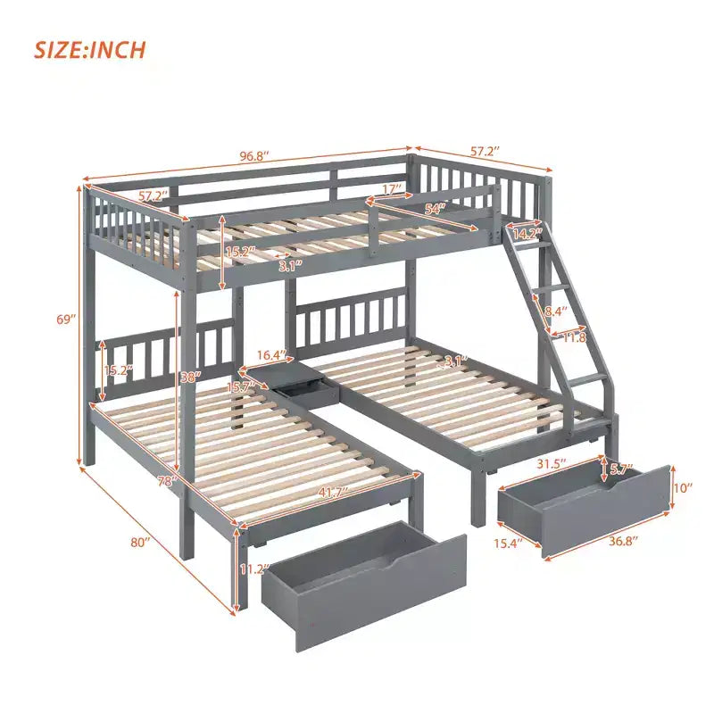 Litera triple de madera con cajones y barandillas, matrimonial sobre dos camas individuales y dos individuales para 3 niños, para dormitorio o residencia