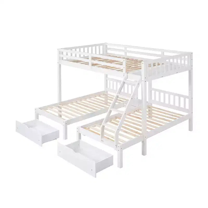 Litera triple de madera con cajones y barandillas, matrimonial sobre dos camas individuales y dos individuales para 3 niños, para dormitorio o residencia