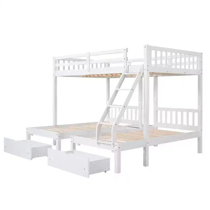 Litera triple de madera con cajones y barandillas, matrimonial sobre dos camas individuales y dos individuales para 3 niños, para dormitorio o residencia