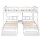 Litera triple de madera con cajones y barandillas, matrimonial sobre dos camas individuales y dos individuales para 3 niños, para dormitorio o residencia
