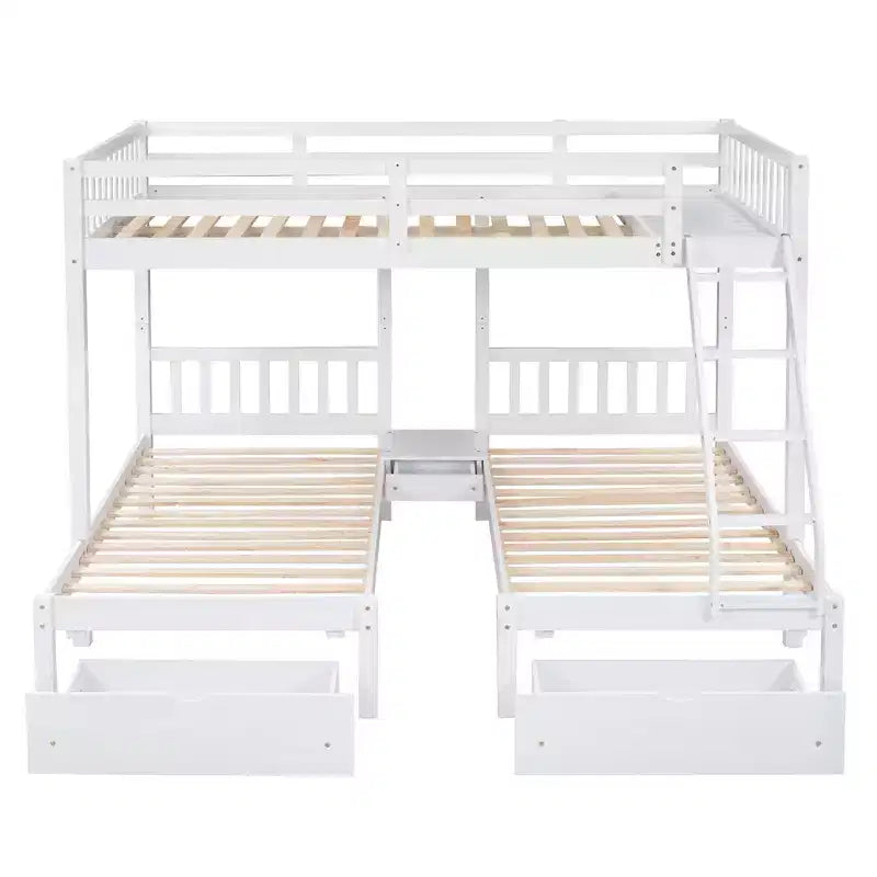 Litera triple de madera con cajones y barandillas, matrimonial sobre dos camas individuales y dos individuales para 3 niños, para dormitorio o residencia