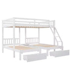 Litera triple de madera con cajones y barandillas, matrimonial sobre dos camas individuales y dos individuales para 3 niños, para dormitorio o residencia