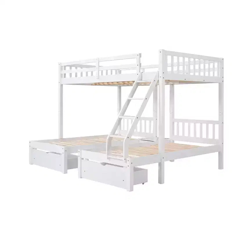 Litera triple de madera con cajones y barandillas, matrimonial sobre dos camas individuales y dos individuales para 3 niños, para dormitorio o residencia