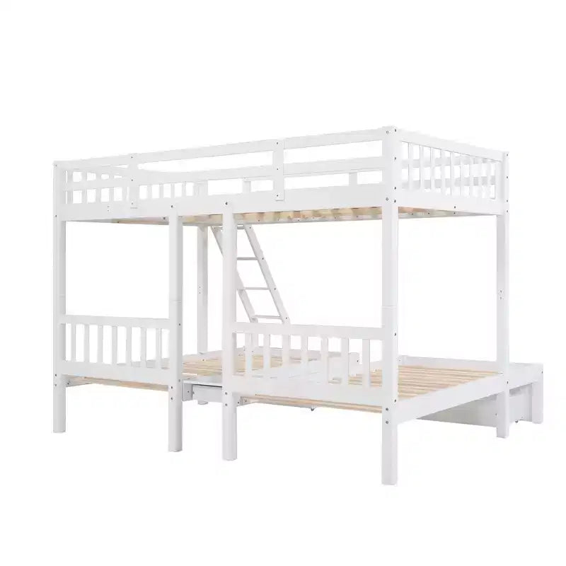 Litera triple de madera con cajones y barandillas, matrimonial sobre dos camas individuales y dos individuales para 3 niños, para dormitorio o residencia