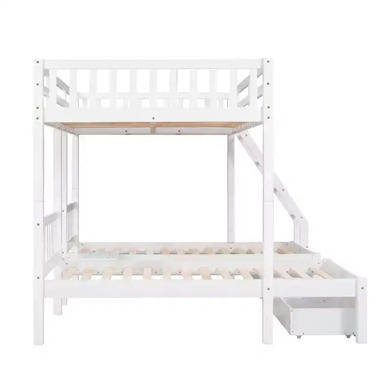 Litera triple de madera con cajones y barandillas, matrimonial sobre dos camas individuales y dos individuales para 3 niños, para dormitorio o residencia