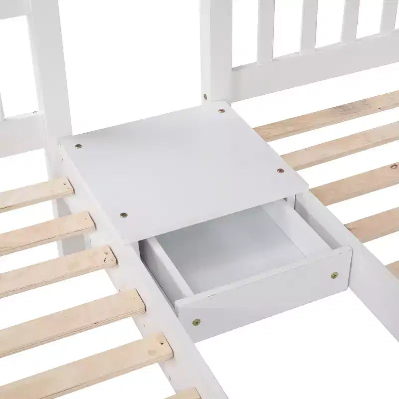 Litera triple de madera con cajones y barandillas, matrimonial sobre dos camas individuales y dos individuales para 3 niños, para dormitorio o residencia