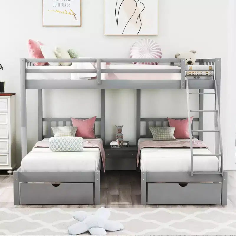 Litera triple de madera con cajones y barandillas, matrimonial sobre dos camas individuales y dos individuales para 3 niños, para dormitorio o residencia