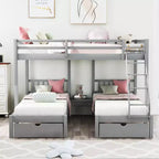 Litera triple de madera con cajones y barandillas, matrimonial sobre dos camas individuales y dos individuales para 3 niños, para dormitorio o residencia