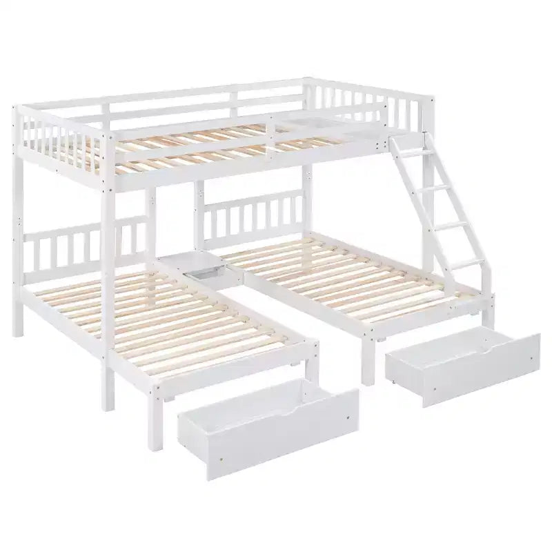 Litera triple de madera con cajones y barandillas, matrimonial sobre dos camas individuales y dos individuales para 3 niños, para dormitorio o residencia