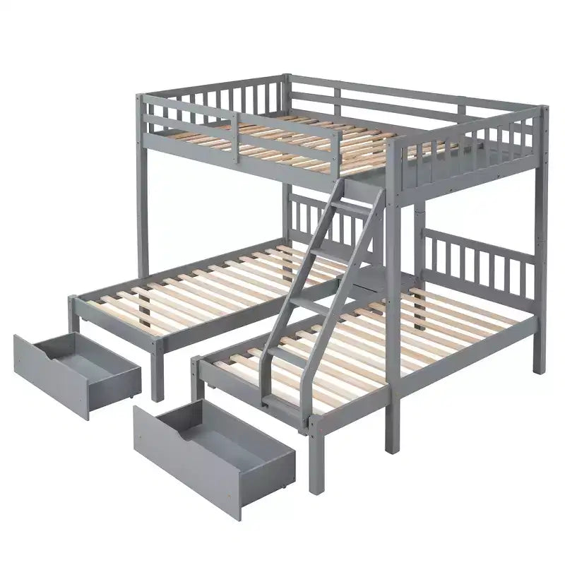 Litera triple de madera con cajones y barandillas, matrimonial sobre dos camas individuales y dos individuales para 3 niños, para dormitorio o residencia