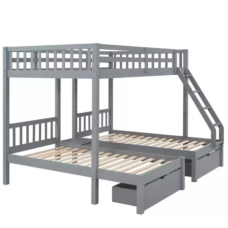 Litera triple de madera con cajones y barandillas, matrimonial sobre dos camas individuales y dos individuales para 3 niños, para dormitorio o residencia