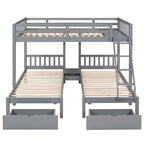 Litera triple de madera con cajones y barandillas, matrimonial sobre dos camas individuales y dos individuales para 3 niños, para dormitorio o residencia