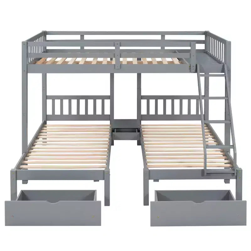 Litera triple de madera con cajones y barandillas, matrimonial sobre dos camas individuales y dos individuales para 3 niños, para dormitorio o residencia