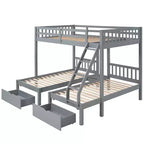 Litera triple de madera con cajones y barandillas, matrimonial sobre dos camas individuales y dos individuales para 3 niños, para dormitorio o residencia