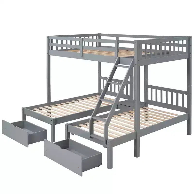 Litera triple de madera con cajones y barandillas, matrimonial sobre dos camas individuales y dos individuales para 3 niños, para dormitorio o residencia