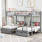 Full over Twin & Twin Bunk Bed for 3 Kids, Wood Triple Bunk Bed with Drawers and Guardrails for Bedroom Dorm