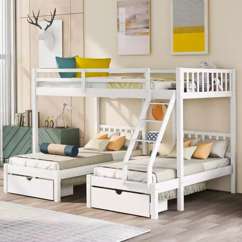 Litera triple de madera con cajones y barandillas, matrimonial sobre dos camas individuales y dos individuales para 3 niños, para dormitorio o residencia