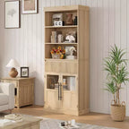 CuisinSmart Farmhouse Glass Door Display Cabinet with a Drawer, Freestanding Kitchen Pantry Cabinet with 3-Tier Open Shelves, Wood Bookshelf