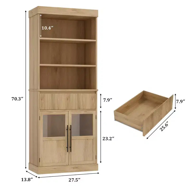 Mueble Vitrina de Cristal Rústico con Cajón – Alacena Independiente, Estantes Abiertos de 3 Niveles