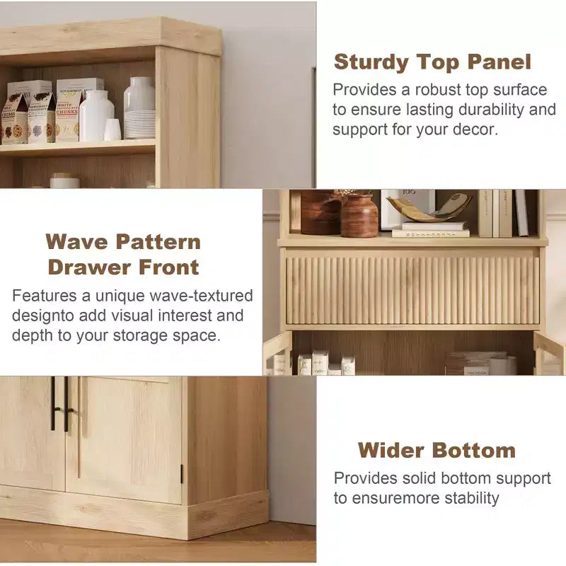 Mueble Vitrina de Cristal Rústico con Cajón – Alacena Independiente, Estantes Abiertos de 3 Niveles