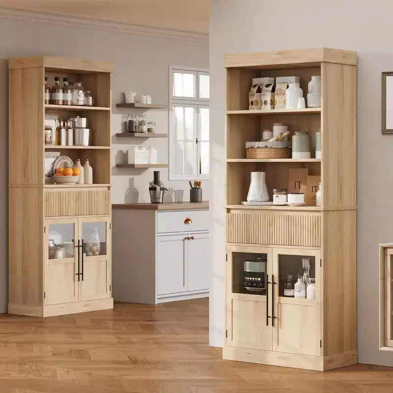 Mueble Vitrina de Cristal Rústico con Cajón – Alacena Independiente, Estantes Abiertos de 3 Niveles