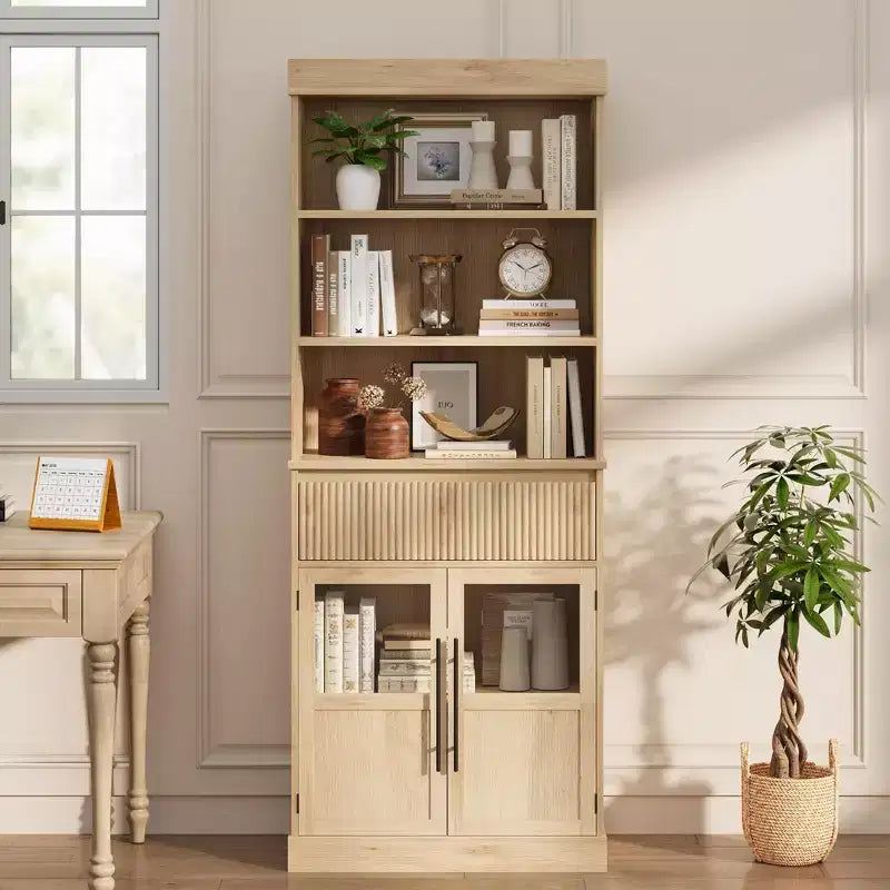 Mueble Vitrina de Cristal Rústico con Cajón – Alacena Independiente, Estantes Abiertos de 3 Niveles