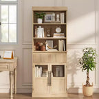 Mueble Vitrina de Cristal Rústico con Cajón – Alacena Independiente, Estantes Abiertos de 3 Niveles
