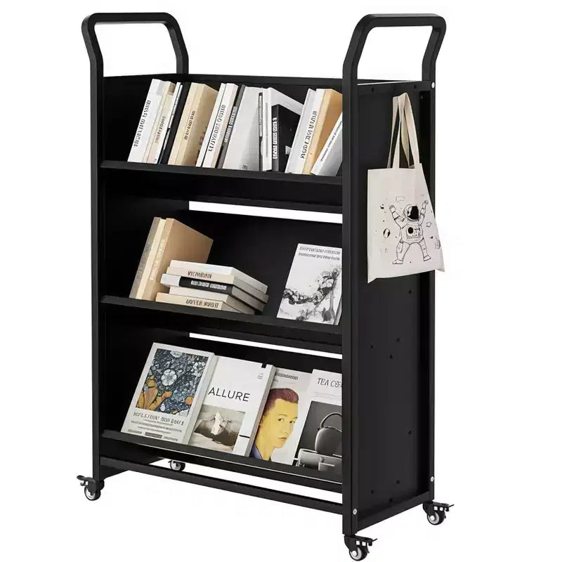 Metal Rolling Book Storage Cart, V-Shaped 3-Tier Display Shelf with Side Hooks & 4 Lockable Wheels - Black