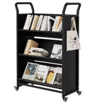 Metal Rolling Book Storage Cart, V-Shaped 3-Tier Display Shelf with Side Hooks & 4 Lockable Wheels - Black