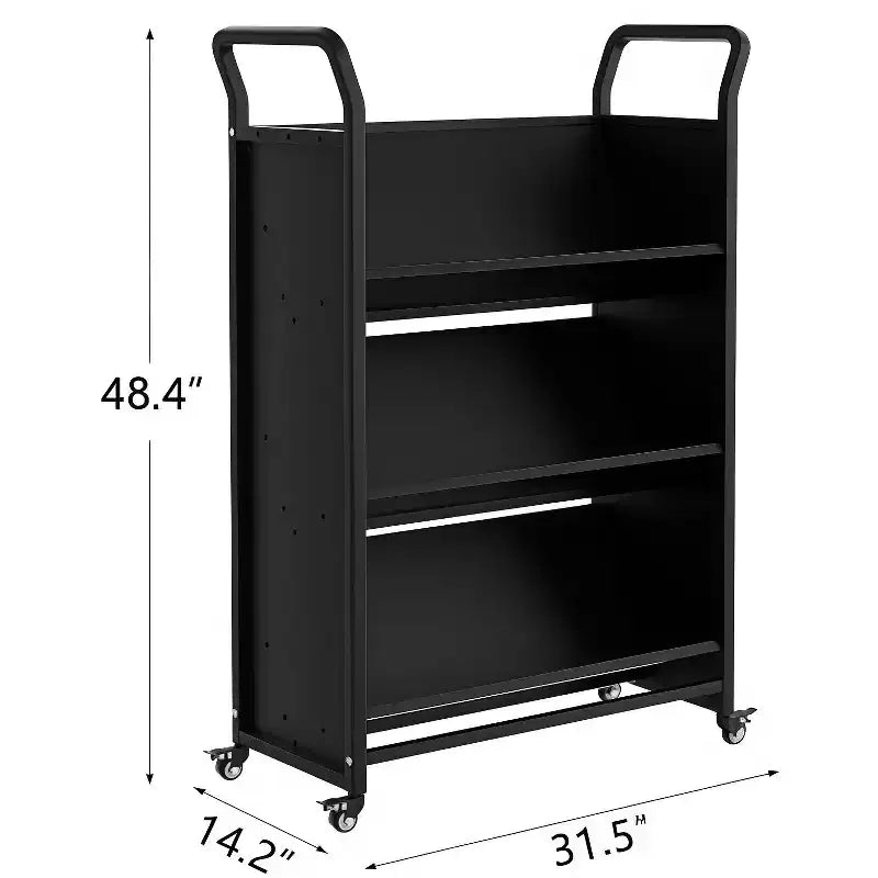 Carro rodante metálico para guardar libros, estantería de exhibición en forma de V de 3 niveles con ganchos laterales y 4 ruedas con bloqueo - Negro