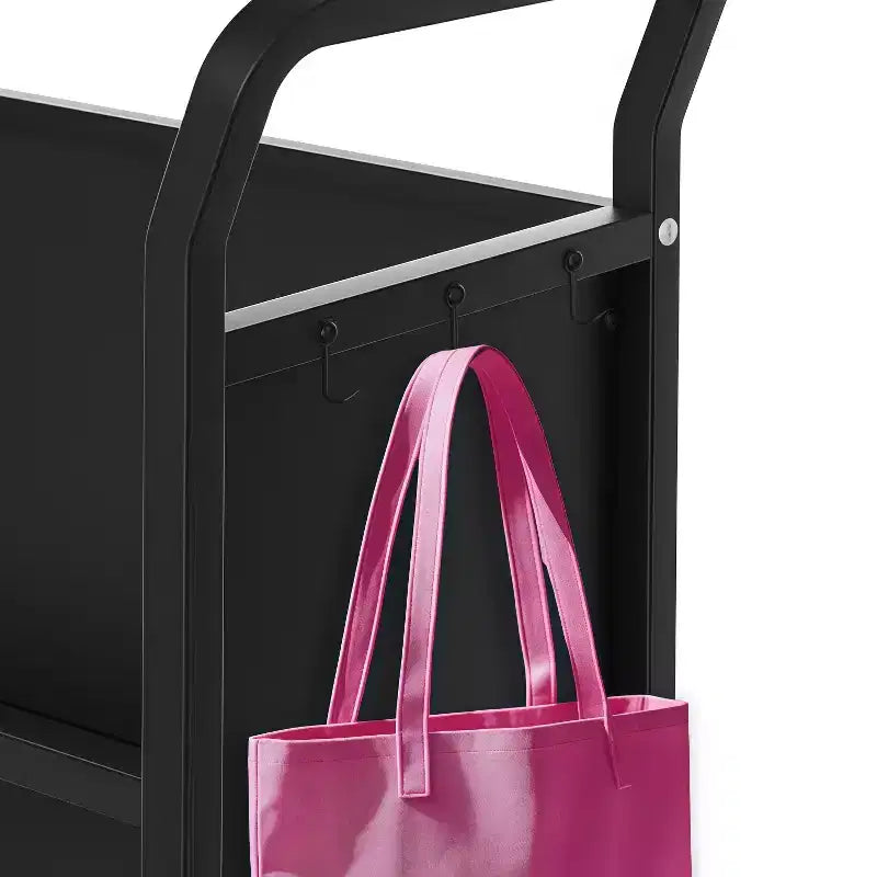Carro rodante metálico para guardar libros, estantería de exhibición en forma de V de 3 niveles con ganchos laterales y 4 ruedas con bloqueo - Negro