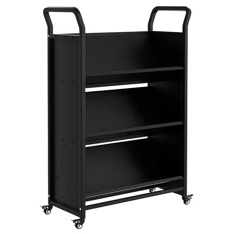 Carro rodante metálico para guardar libros, estantería de exhibición en forma de V de 3 niveles con ganchos laterales y 4 ruedas con bloqueo - Negro
