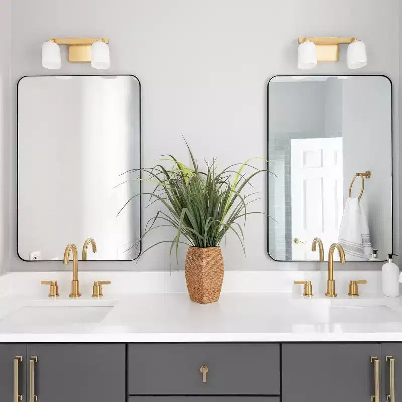 Espejo de Baño Rectangular Minimalista – Marco Metálico, Esquina Curva, Espejo de Tocador de Pared