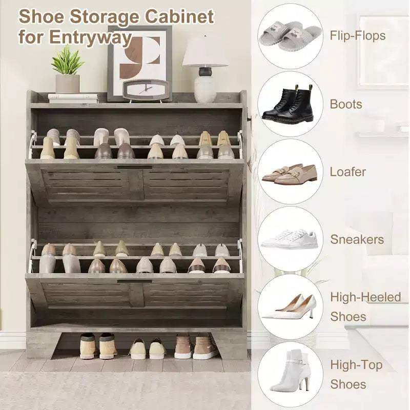 Zapatero rústico con 2 cajones abatibles y 2 ganchos, armario estrecho de madera para recibidor, para espacios pequeños, apartamentos,
