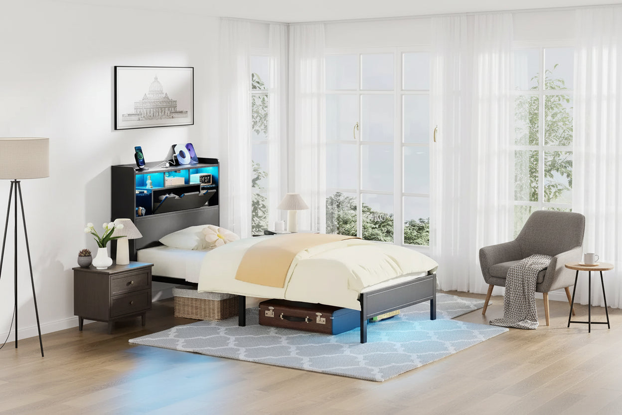 Greenstell Bed Frame with Headboard, Bed Frame with Built-in Charging Station & LED Light, Storage Shelf, Black