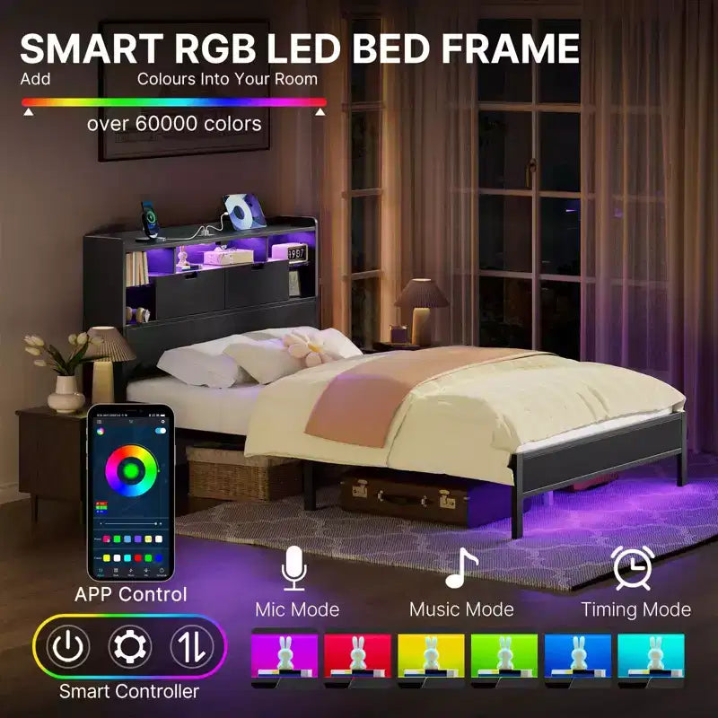 Estructura de Cama con Cabecero, Estructura de Cama con Estación de Carga Integrada y Luz LED, Estante de Almacenamiento, Negro