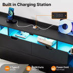 Estructura de Cama con Cabecero, Estructura de Cama con Estación de Carga Integrada y Luz LED, Estante de Almacenamiento, Negro