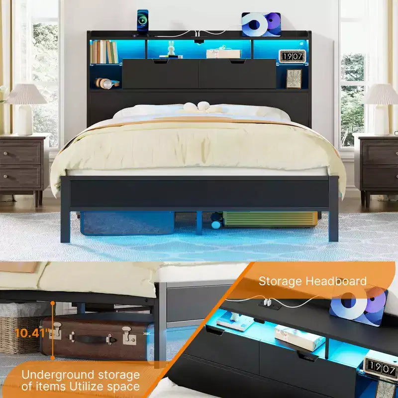 Estructura de Cama con Cabecero, Estructura de Cama con Estación de Carga Integrada y Luz LED, Estante de Almacenamiento, Negro