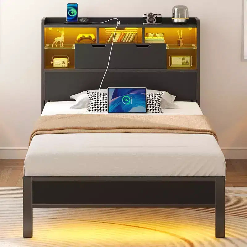 Estructura de Cama con Cabecero, Estructura de Cama con Estación de Carga Integrada y Luz LED, Estante de Almacenamiento, Negro