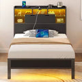 Estructura de Cama con Cabecero, Estructura de Cama con Estación de Carga Integrada y Luz LED, Estante de Almacenamiento, Negro